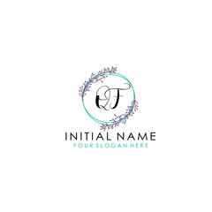 Initial letter QF handwriting with floral frame template