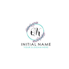 Initial letter QK handwriting with floral frame template