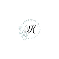 Initial letter QK handwriting with floral frame template