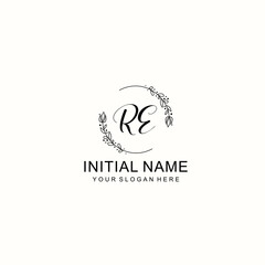 Initial letter RE handwriting with floral frame template