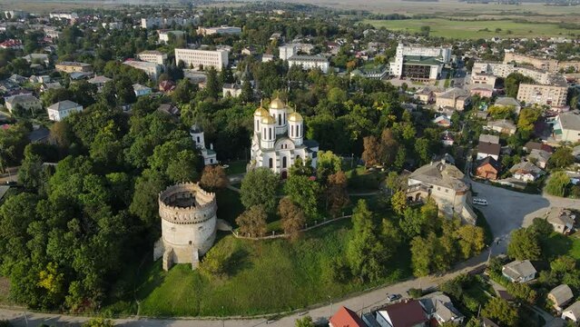 Aerial shot the city Ostroh. Ostorg castle. Theological Cathedral. Ukraine