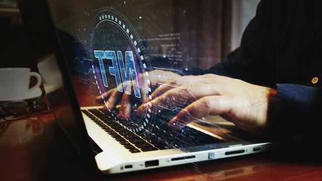 NFT Non-Fungible Token and digital collectibles symbol and man typing computer keyboard. Hands on laptop. Network, cyber technology and background abstract concept.