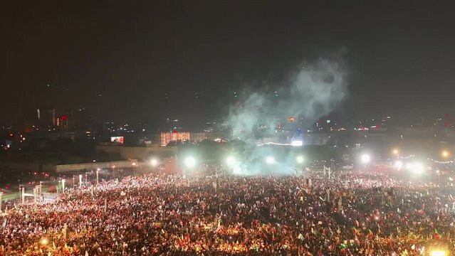 Aerial view of lighting above the huge crowd i PTI show.