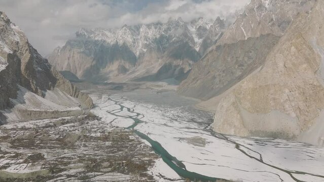 Aerial view of magnificent peaks of Passu Cones in Hunza Valley, Pakistan. Passu cones, Passu is a small village located near Gulmit in the Gilgit Baltistan, Pakistan region of Northern Pakistan.