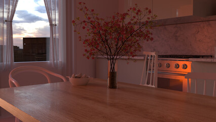 Scandinavian kitchen during sunset