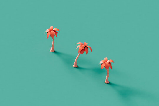 three low poly palm trees on a blue background with copy space