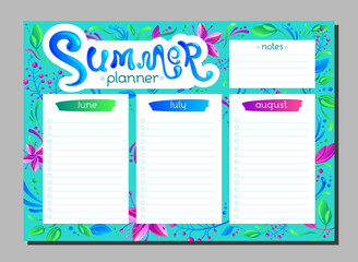 Summer Planner set with hand drawn bright exotic floral background. Vector Cartoon June, July, August organizer. Business shedule page. Turquoise backdrop
