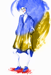 Beautiful Ukraine woman. yellow blue flag. Fashion girl in sketch-style.watercolor illustration.