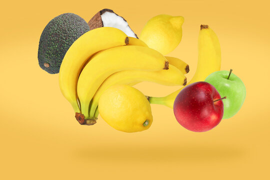 Falling or flying fruits - banana, apple, avocado, coconut. Multifruits