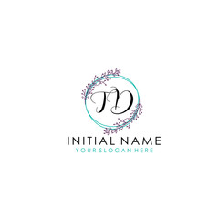 Initial letter TD handwriting with floral frame template