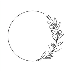 Hand drawn vector round frames with olives branches. Line art floral design with olives for invitations, logos, web, menu, greeting cards, posters, monograms, wedding decoration. One line floral frame