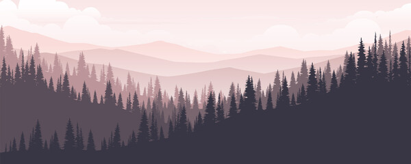 Landscape of mountains and pine forests in the morning or evening.