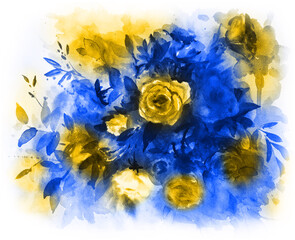 yellow blue watercolors rose bouquet. Ukrainian flowers - 504562534