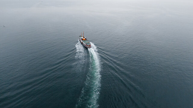 passenger ferry in the sea shot with drone