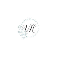 Initial letter VH handwriting with floral frame template