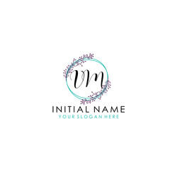 Initial letter VM handwriting with floral frame template