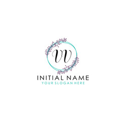 Initial letter VV handwriting with floral frame template
