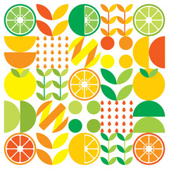 Abstract artwork of orange fruit symbol icon. Simple vector art, geometric illustration of colorful citruses, lemons, lemonade, limes and leaves. Minimalist citrus flat design on white background.