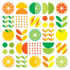 Abstract artwork of orange fruit symbol icon. Simple vector art, geometric illustration of colorful citruses, lemons, lemonade, limes and leaves. Minimalist citrus flat design on white background. - obrazy, fototapety, plakaty