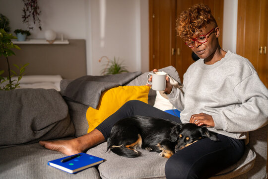 Relaxed Woman Drinking A Cup Of Coffee At Home Next To Her Cute Dog.