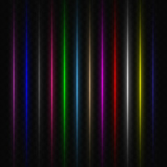 Laser neon multicolored beams, lines, glare on a transparent background. light show