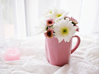 White pink flowers in mug cup of tea on embroidered cloth lace, window soft light background...