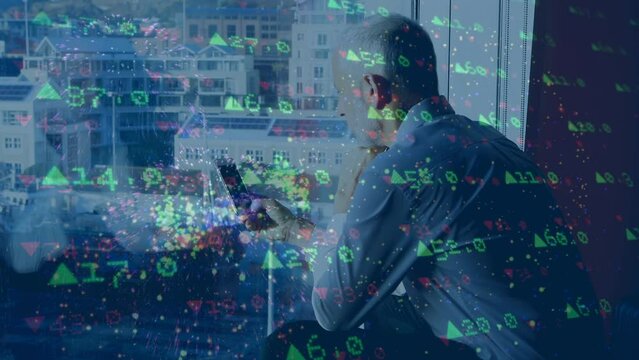 Animation of data processing over caucasian businessman using smartphone