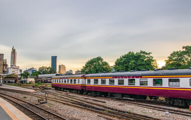 train wagons outside the  Hua Lamphong railway station in Bangkok Thailand Southeast Asia