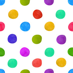 Seamless pattern with hand drawn colorful watercolor spots on a white background.
