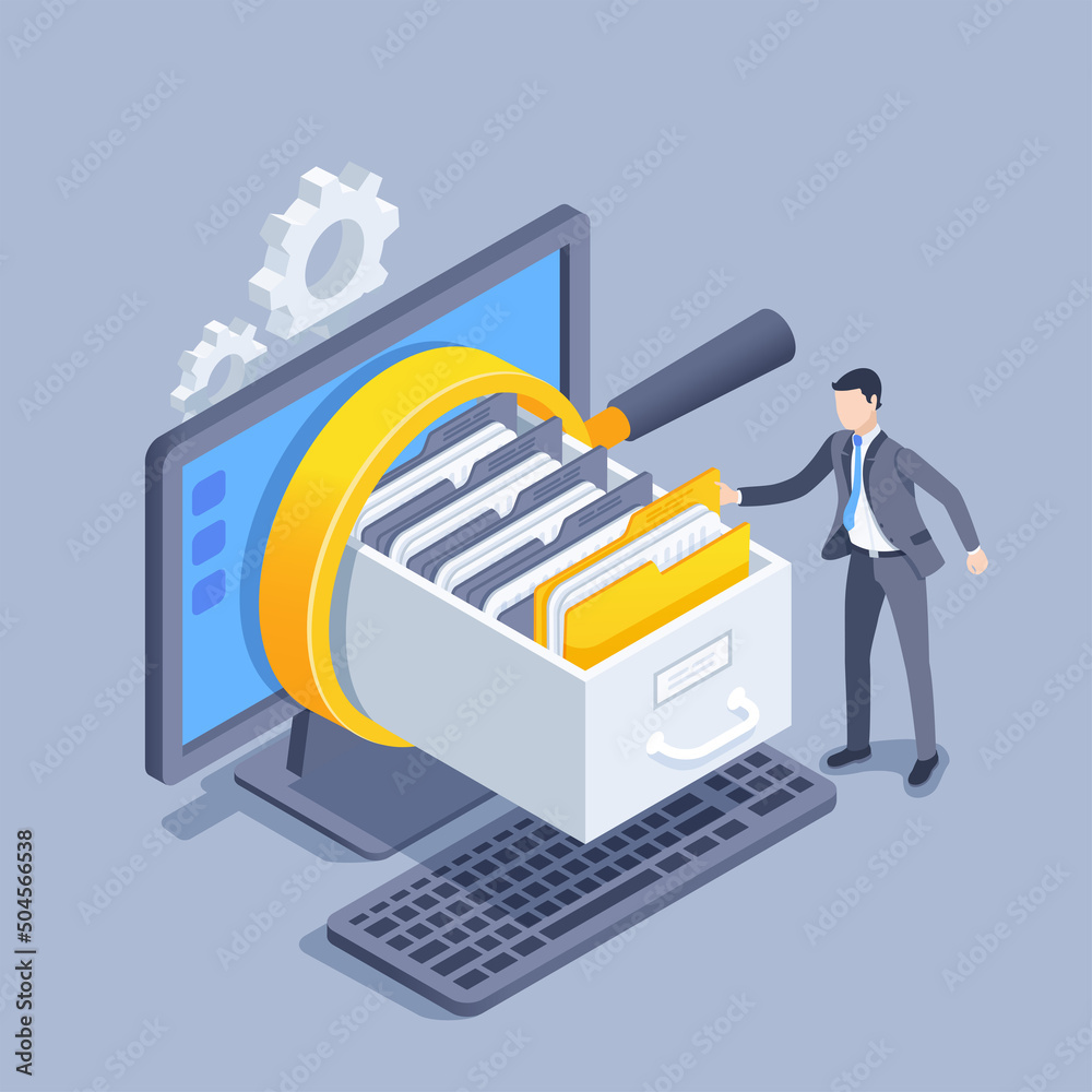 Wall mural isometric vector illustration on a gray background, a man in a business suit takes a folder from the