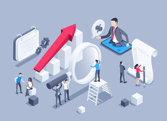 isometric vector illustration on a gray background, people with a magnifying glass analyze data on a chart with an arrow and work with financial documentation