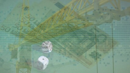 Animation of data processing over banknotes and dices - Powered by Adobe