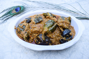 Indian style brinjal or eggplannt gravy spicy curry. Served decorated bowl on white background