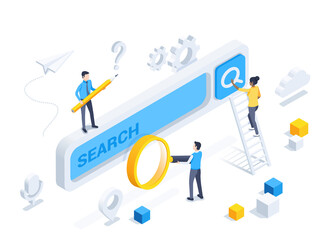 isometric vector illustration on a gray background, people near a large search form with a magnifying glass and a pencil, a woman on a stepladder presses a button, search engine - obrazy, fototapety, plakaty