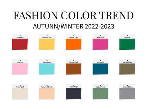 Fashion Color Trend Autumn - Winter 2022 - 2023. Trendy colors palette guide. Fabric swatches with color names. Vector template for your creative designs