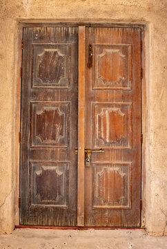 UAE March 2022. Old wooden door in a building in the old town area.