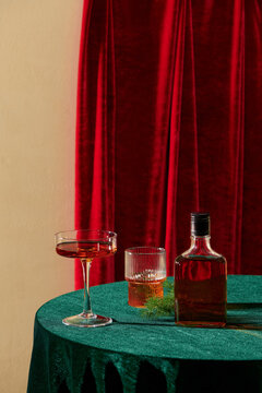 Alcoholic drinks on velvet cloth table