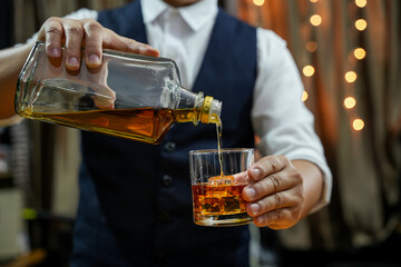 Bartender Serve Whiskey, on wood bar, 
