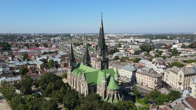 Aerial shot The city of Lviv. Temple of st. Olga and Elizabeth. Ukraine