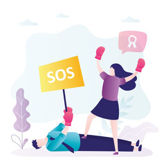 Female character beat man in business competition. Girl fights for equality and emancipation