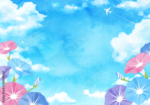 朝顔と入道雲と風鈴の夏のベクターイラスト水彩背景 Background Canvas Print Backgrou Honyojima