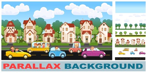 Heavy traffic on road. Seamless horizontal cartoon illustration. Set parallax effect. Asphalt path. Summer town landscape. Different cars in comic style. Vector