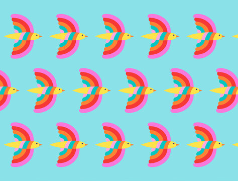 Colorful birds in summer sky illustration