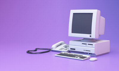 Abstract aesthetic background with 90s style system message windows, old vintage computer, mouse, keyboard, pop up icon system message window on pink and purple gradient y2k style realistic 3d render - 504569703