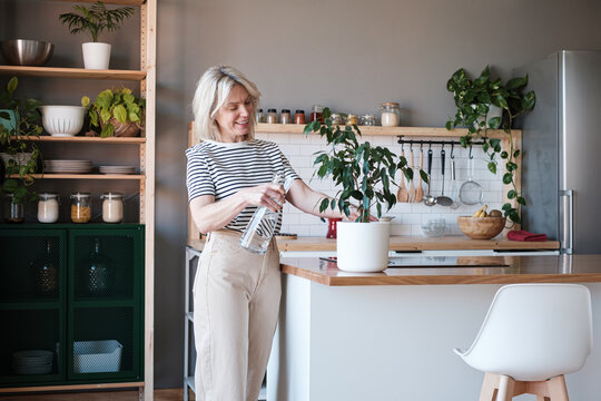 Woman watering plant at home