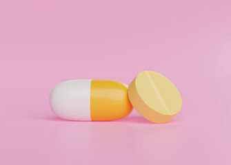 Medicine capsules icon sign or symbol on pink background 3d illustration cartoon healthcare and medical concept