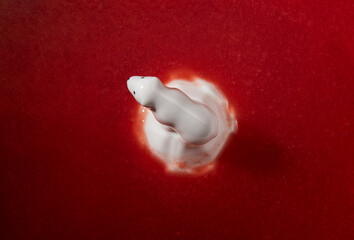 Ceramic polar bear in a ceramic bowl filled with watermelon juice