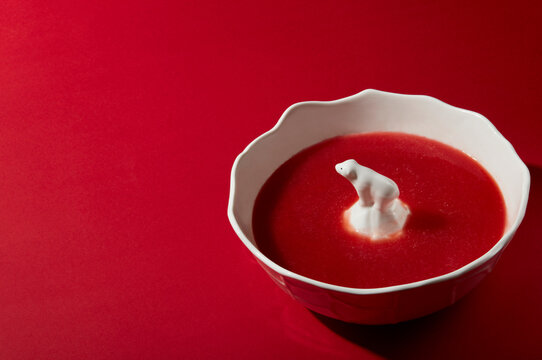 Ceramic polar bear in a ceramic bowl filled with watermelon juice