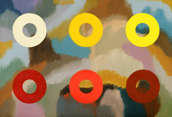 An abstract painting; bright rings of color on a nebulous background.