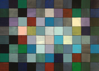 A painted collage, a regular grid of multicolored squares.